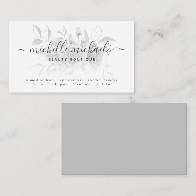Silver Gray Floral Minimal Script Modern  Visitenkarte (Vorne/Hinten)