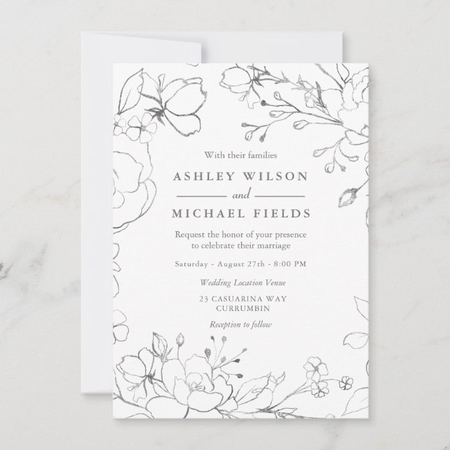 Silver Gray Floral Moderne Elegante Hochzeit Einladung (Vorderseite)