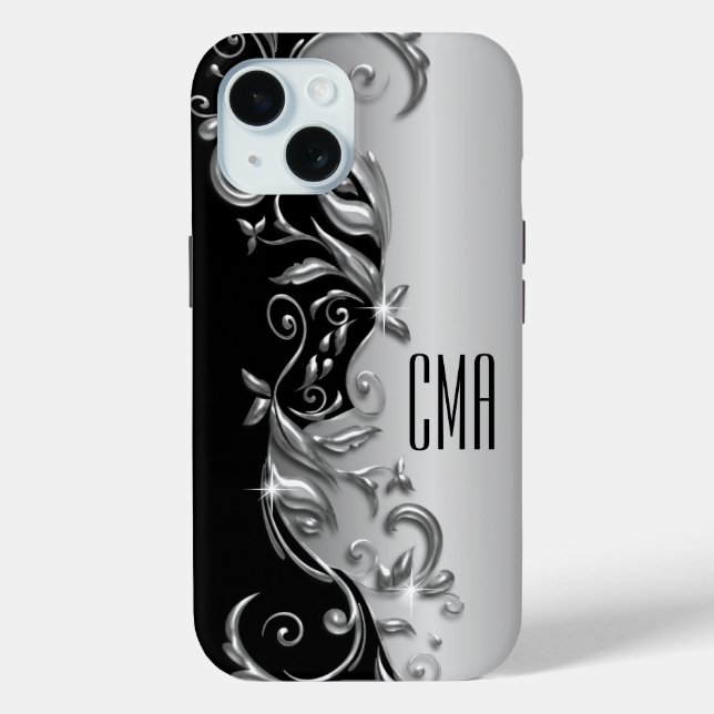 Silver Gray Floral - Monogramm Case-Mate iPhone Hülle (Rückseite)