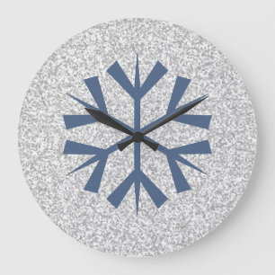 Silver Gray Glitter With Blue Snowflake Große Wanduhr