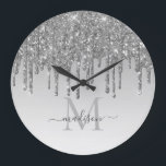 Silver Gray Glitzer Sparkle Glam Drilling Monogram Große Wanduhr<br><div class="desc">Glam Silver Gray Glitzer Sparkle Drilling Monogram Large Clock</div>