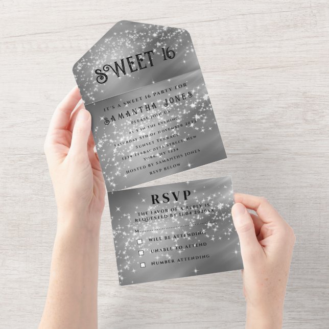 Silver Gray Glitzer Sparkle Modernes Sweet 16 All In One Einladung (Abreißen)