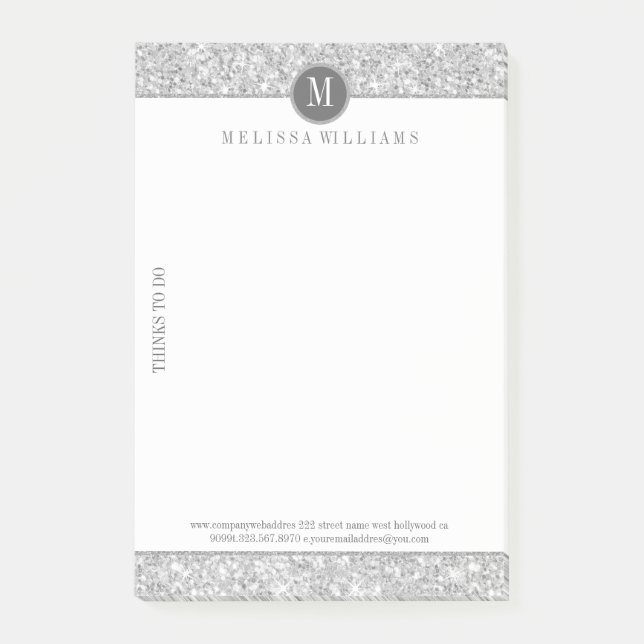 Silver Gray Glitzer Texture & White Post-it Klebezettel (Vorderseite)
