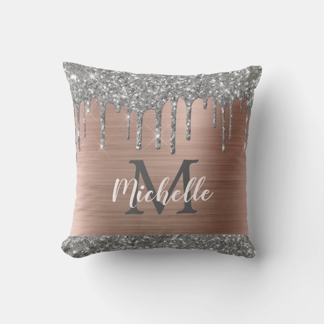 Silver Gray Glitzer Tropfen Pink Metal Mit Monogra Kissen (Vorderseite)