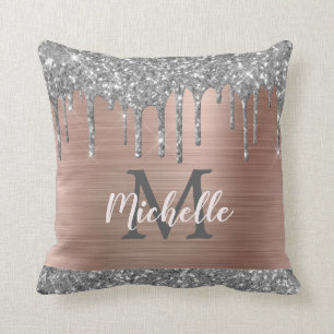 Silver Gray Glitzer Tropfen Pink Metal Mit Monogra Kissen