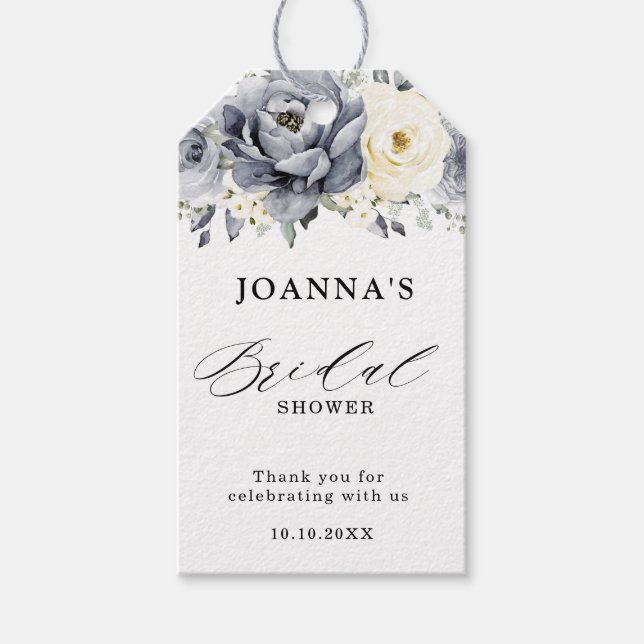 Silver Gray Ivory Floral Winter Boho Brautparty Geschenkanhänger (Vorderseite)