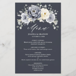 Silver Gray Ivory Floral Winter Boho Wedding Menu