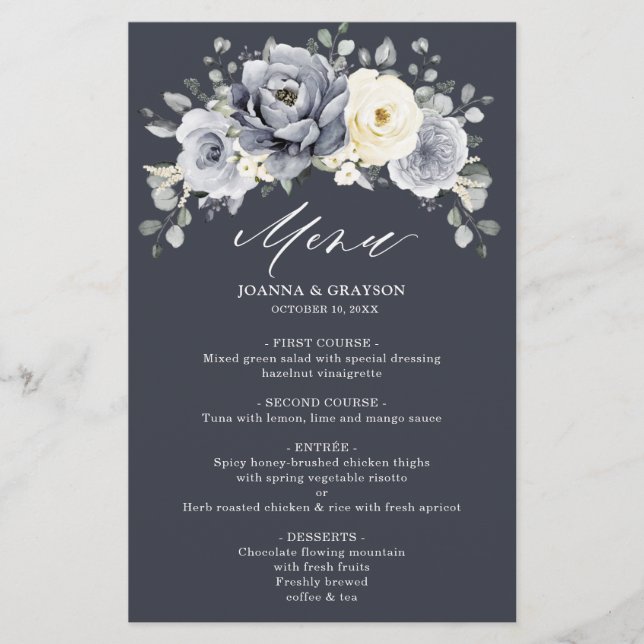 Silver Gray Ivory Floral Winter Boho Wedding Menu (Vorderseite)