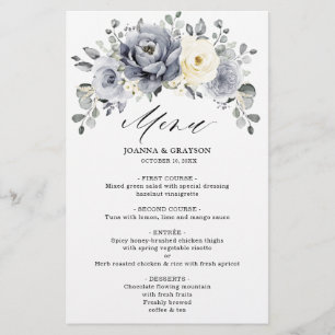 Silver Gray Ivory Floral Winter Boho Wedding Menu