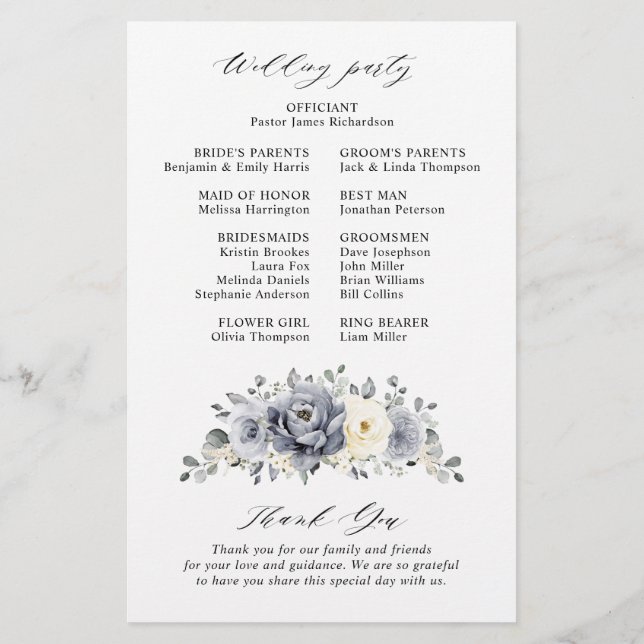 Silver Gray Ivory Floral Winter Wedding Programm (Rückseite)