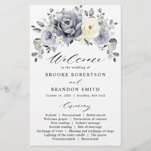 Silver Gray Ivory Floral Winter Wedding Programm