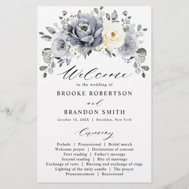 Silver Gray Ivory Floral Winter Wedding Programm (Vorderseite)