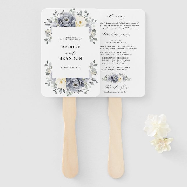 Silver Gray Ivory Floral Winter Wedding Programm Fächer (Vorne und Hinten)