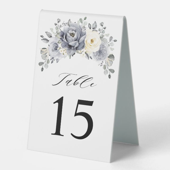 Silver Gray Ivory Winter Wedding Tischnummer Tischaufsteller (Vorderseite)