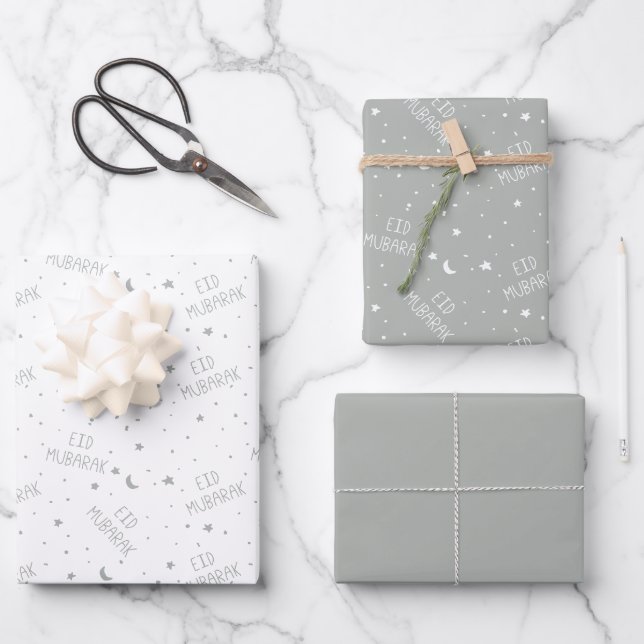 Silver Gray Kids Eid Mubarak Geschenkpapier Set (Vorderseite)