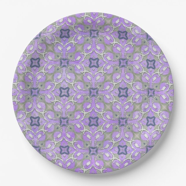 Silver Gray Lila Blue Metallic Filigree Muster Pappteller (Vorderseite)