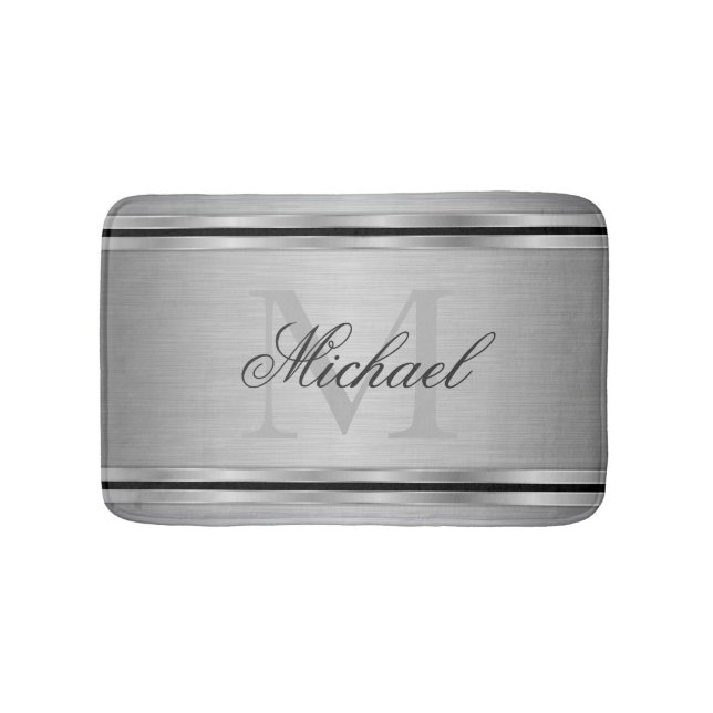 Silver Gray Metalic Muster Monogram Badematte (Vorderseite)