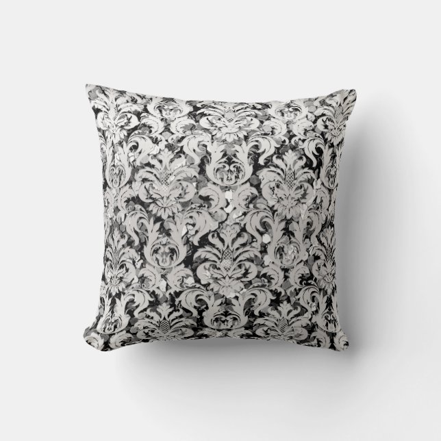 Silver Gray Metallic Damask Monochromatisches Sequ Kissen (Vorderseite)