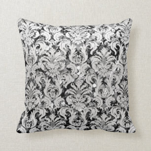 Silver Gray Metallic Damask Monochromatisches Sequ Kissen