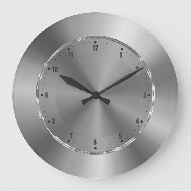 Silver Gray Metallic Design Stainless Steel Look Große Wanduhr (Vorderseite)