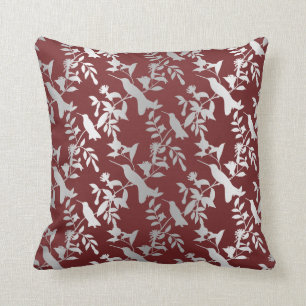 Silver Gray Metallic Floral Humming-birds Burgundy Kissen