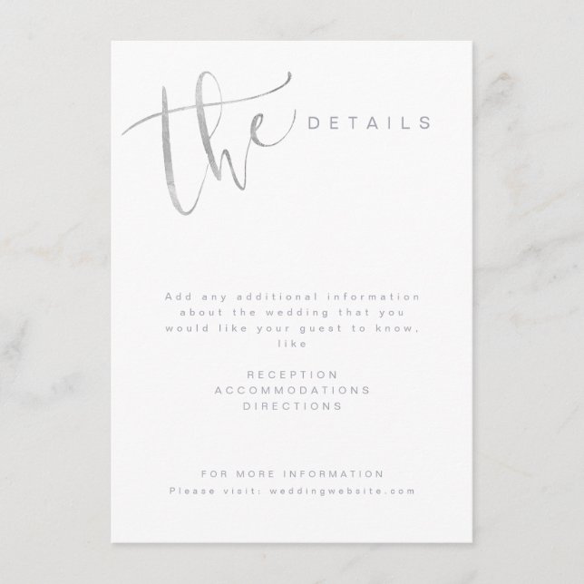 Silver Gray Modern Simple Script Weddetails Begleitkarte (Vorderseite)