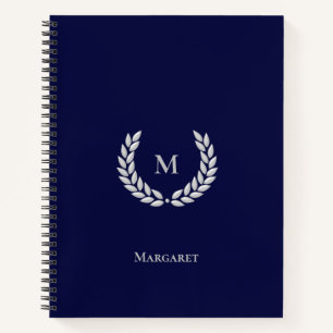 Silver Gray Monogram & Laurel auf Navy Blue Editor Notizbuch