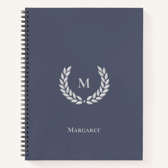 Silver Gray Monogram & Laurel on Steel Gray Notizbuch (Vorderseite)
