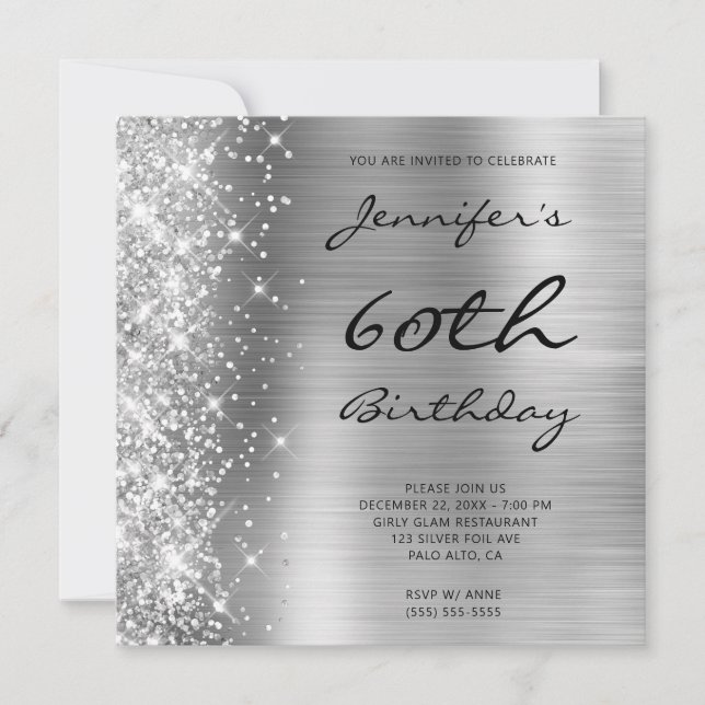 Silver Gray Ombre Foil Verlassen Glitzer 60. Gebur Einladung (Vorderseite)