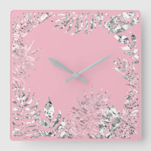 Silver Gray Pink Pastel Palm Botanisches Metallisc Quadratische Wanduhr
