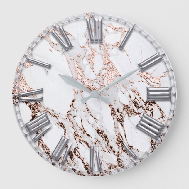 Silver Gray Roman Number Metallic Marmor Rose Gold Große Wanduhr (Vorderseite)