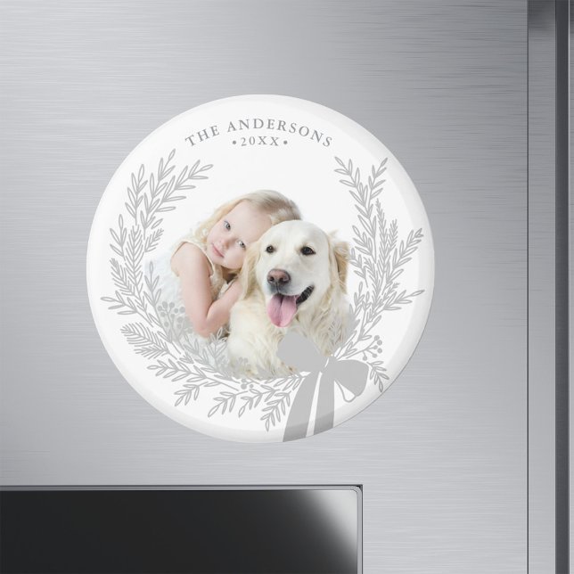 Silver Gray Simple Christmas Wreath Foto Magnet (Von Creator hochgeladen)