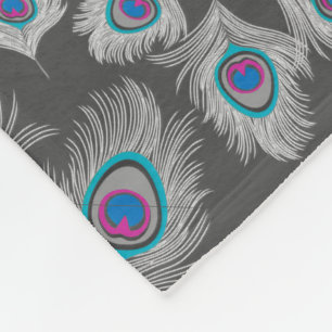 Silver Gray & Turquoise Peacock Feathers Fleecedecke