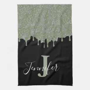 Silver Gray und Black Monogram Glitzer Tropfen Geschirrtuch