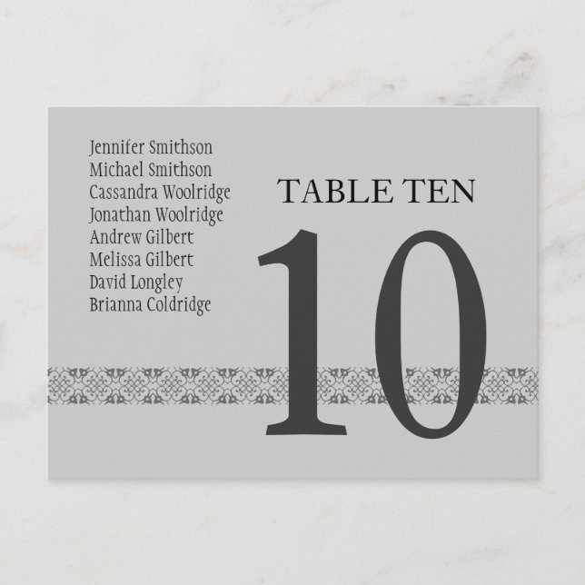 SILVER & GRAY Wedding Tischnummer Card Empfang (Vorderseite)