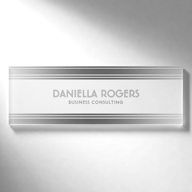 Silver Gray & White Stripes Geometric Design Namenschild (Vorderseite)