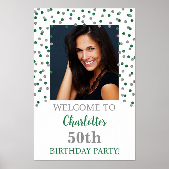 Silver Green Birthday Party Custom 12x18 Foto Poster (Vorne)