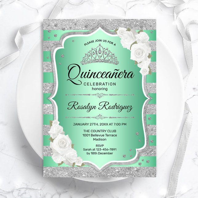 Silver Green Elegant Quinceanera Einladung (Von Creator hochgeladen)