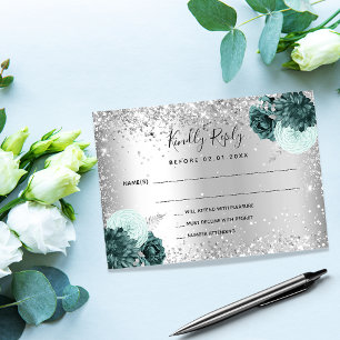 Silver green florals glitter wedding RSVP Mitteilungskarte