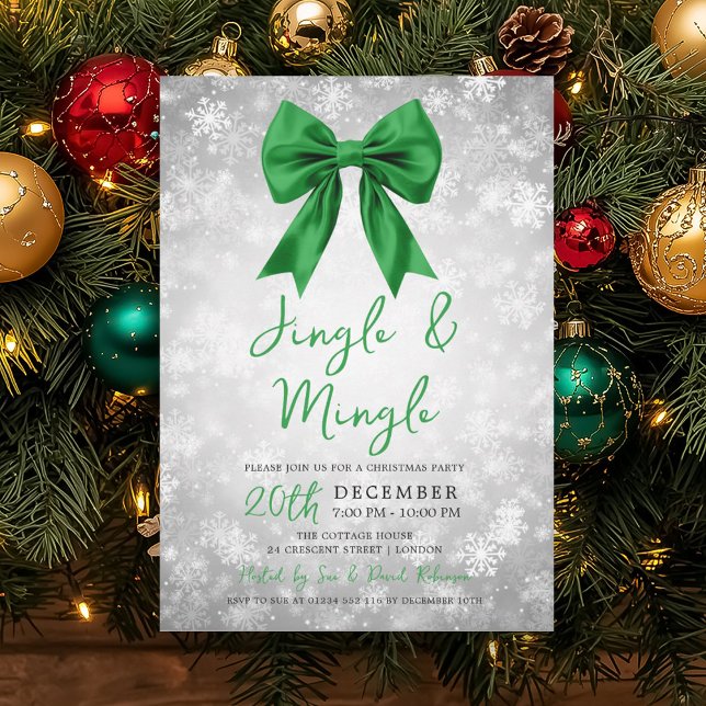 Silver Green Jingle Mingle Xmas Party Bow Snow  Einladung (Von Creator hochgeladen)