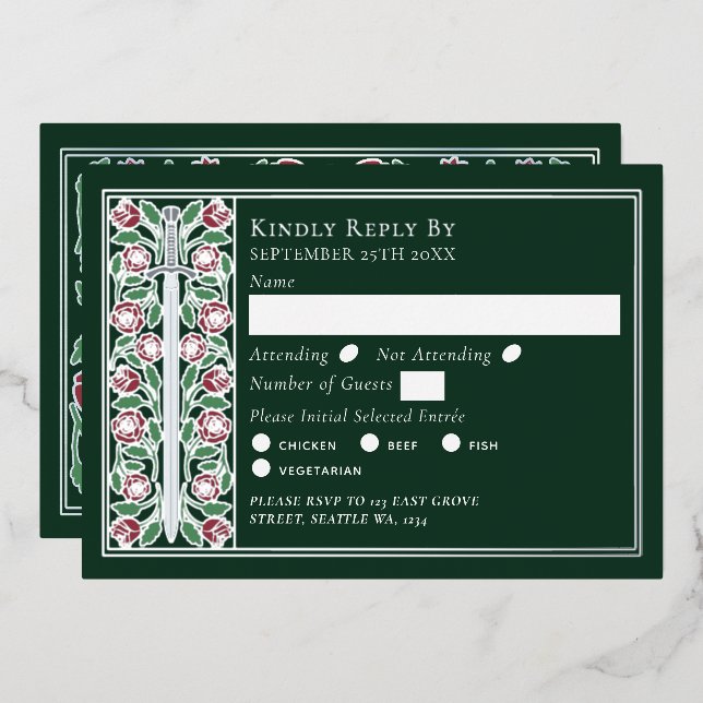 Silver Green Medieval Floral Sword Wedding RSVP Folieneinladung (Vorderseite/Rückseite)
