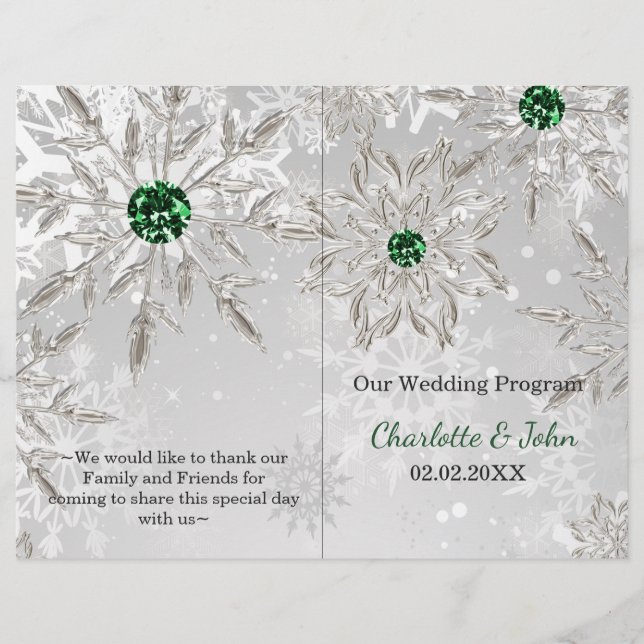 Silver Green Snowflake Winter Wedding Programm (Vorderseite)