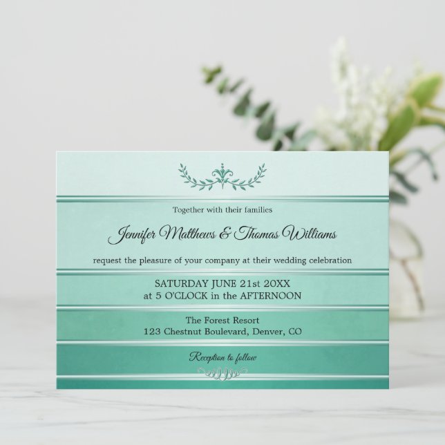Silver Green Striped Ton sur Ton Wedding Einladung (Stehend Vorderseite)