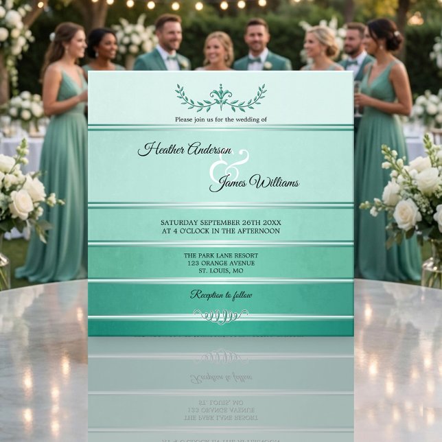 Silver Green Striped Tone on Tone Wedding Einladung (Wedding invitation featuring a striped design in tone on tone green hues with a silver lining)