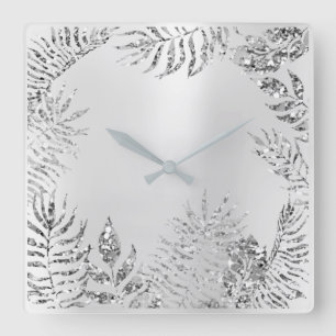 Silver Grey Floral Palm Monochrom Metallic Glitter Quadratische Wanduhr