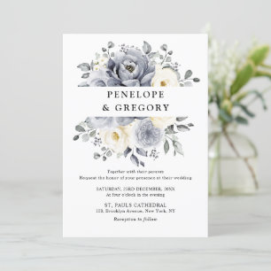 Silver Grey Ivory Floral Winter Rustikale Hochzeit Einladung
