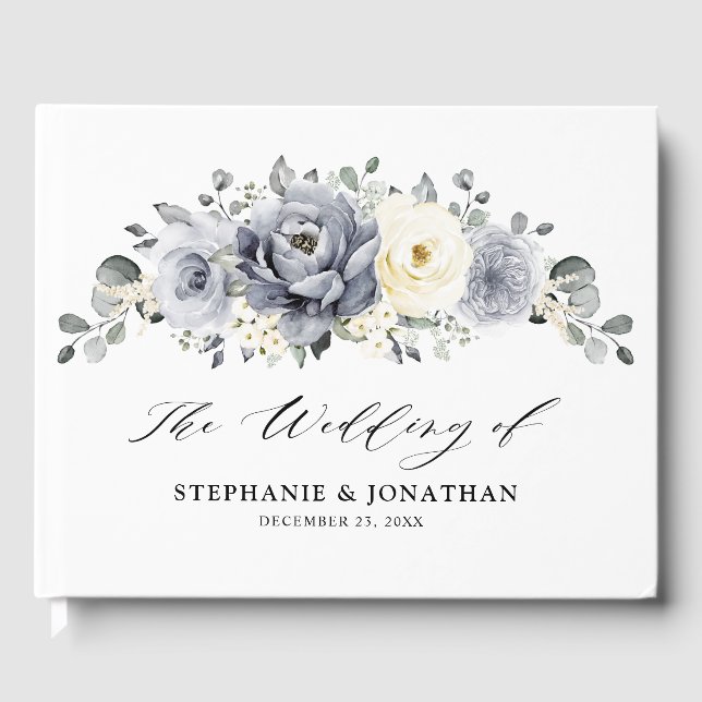Silver Grey Ivory Floral Winter Rustikale Hochzeit Gästebuch (Vorderseite)