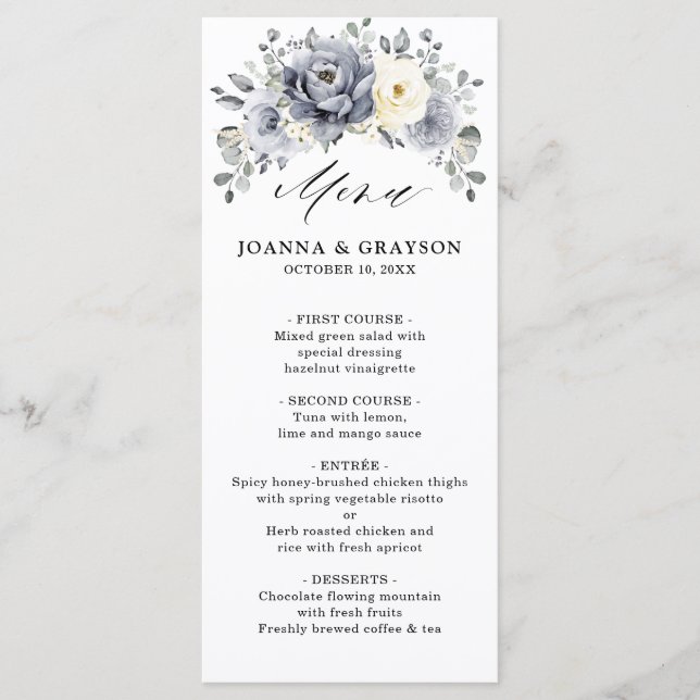 Silver Grey Ivory Floral Winter Rustikale Hochzeit Menükarte (Vorderseite)