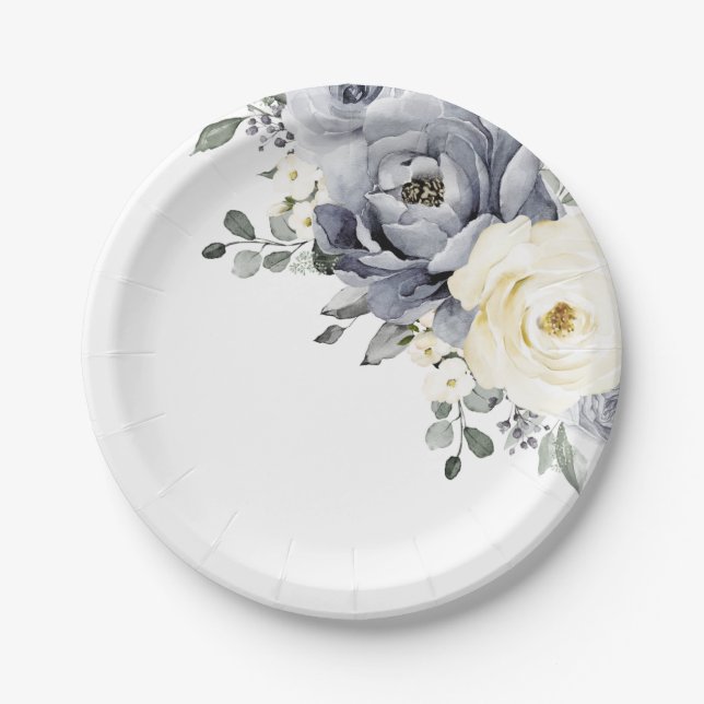 Silver Grey Ivory Floral Winter Rustikale Hochzeit Pappteller (Vorderseite)