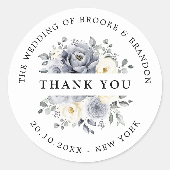 Silver Grey Ivory Floral Winter Wedding Danke Runder Aufkleber (Vorderseite)